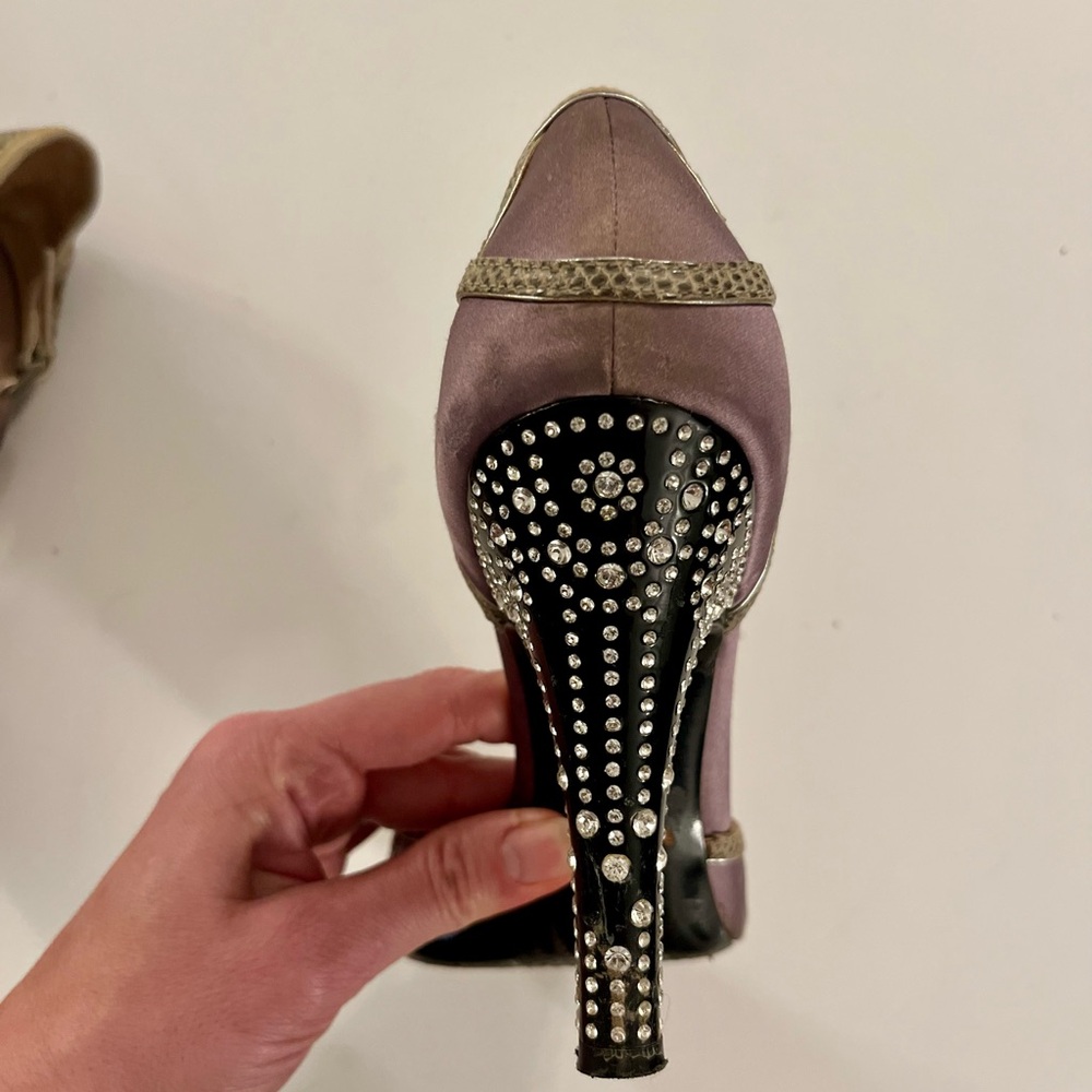 Vintage Prada Satin Peep-toe Dorsey Pumps with Rhinestone Heel - Picture 5 of 10
